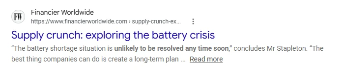 Financier Worldwide search result about the battery crisis