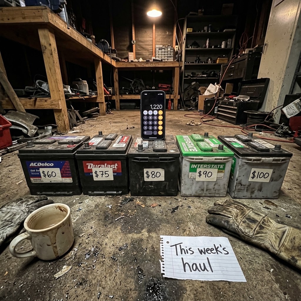 Five reconditioned car batteries priced from $60 to $100 lined up in a garage next to a note reading This week's haul.