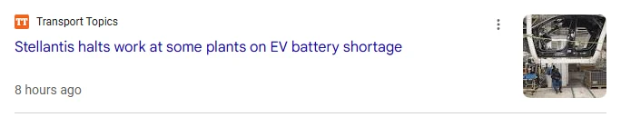 Transport Topics search result about an EV battery shortage